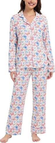 Womens Bamboo Viscose Pajama Sets Notch Collar Button Down Long Sleeve Sleepwear Comfy PJ Set in Kuwait