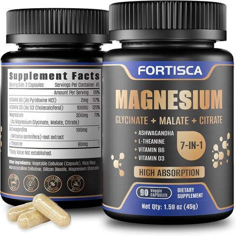 Triple Magnesium Complex 500mg 7 in 1 Magnesium Supplement with Glycinate Malate Citrate | High Absorption | 90 Capsules Portable for Home Outdoor Silica Mineral Supplements in Saudi Arabia
