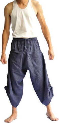 Siam Trendy Men’s Blue Cotton Harem Pants – Thai Fisherman Style Yoga Pants | Loose Fit Boho Trousers | Lightweight, Breathable, Handmade Lounge Pants for Meditation, Travel, or Casual Wear in Kuwait