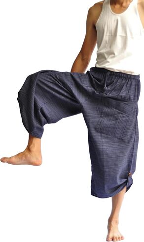 Siam Trendy Men’s Blue Cotton Harem Pants – Thai Fisherman Style Yoga Pants | Loose Fit Boho Trousers | Lightweight, Breathable, Handmade Lounge Pants for Meditation, Travel, or Casual Wear in Kuwait