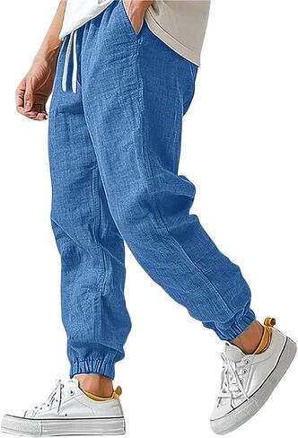 lcyhony Mens Linen Pants Casual Summer Elastic Waist Baggy Joggers with Pockets Lightweight Drawstring Beach Lounge Pants in Saudi Arabia