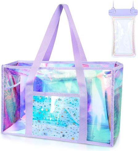 Clear Beach Tote Bag, Large Holographic Waterproof Beach Bag with Waterproof Phone Pouch, Sandproof Foldable Pool Tote Bag for Women Girls, Summer Tote for Beach Pool Travel Cruise Vacation in Saudi Arabia