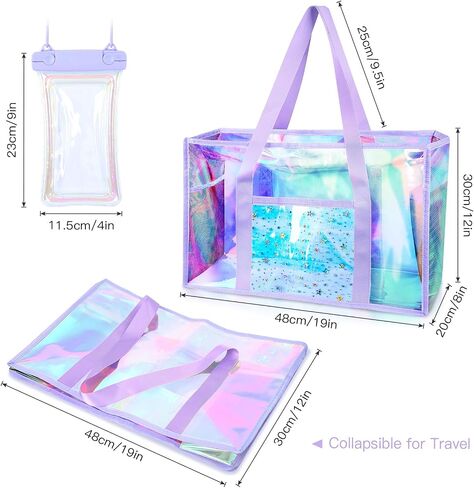 Clear Beach Tote Bag, Large Holographic Waterproof Beach Bag with Waterproof Phone Pouch, Sandproof Foldable Pool Tote Bag for Women Girls, Summer Tote for Beach Pool Travel Cruise Vacation in Saudi Arabia