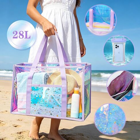 Clear Beach Tote Bag, Large Holographic Waterproof Beach Bag with Waterproof Phone Pouch, Sandproof Foldable Pool Tote Bag for Women Girls, Summer Tote for Beach Pool Travel Cruise Vacation in Saudi Arabia