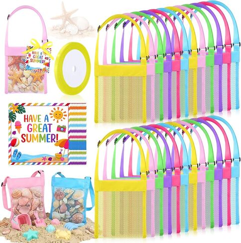 24 Sets Colorful Mesh Beach Tote Bags Summer Party Gifts Favor Bulk for Kids Adjustable Seashell Collecting Bag with Greeting Cards Beach Toy for Kids Students Summer Party in Kuwait