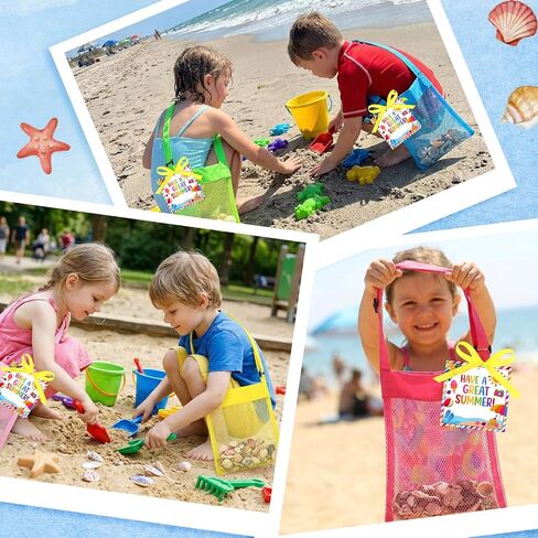 24 Sets Colorful Mesh Beach Tote Bags Summer Party Gifts Favor Bulk for Kids Adjustable Seashell Collecting Bag with Greeting Cards Beach Toy for Kids Students Summer Party in Kuwait