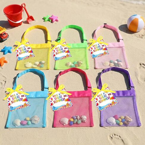 24 Sets Colorful Mesh Beach Tote Bags Summer Party Gifts Favor Bulk for Kids Adjustable Seashell Collecting Bag with Greeting Cards Beach Toy for Kids Students Summer Party in Kuwait