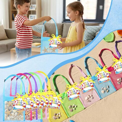 24 Sets Colorful Mesh Beach Tote Bags Summer Party Gifts Favor Bulk for Kids Adjustable Seashell Collecting Bag with Greeting Cards Beach Toy for Kids Students Summer Party in Kuwait