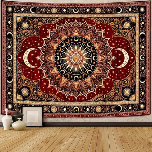 Lifeel Vintage Boho Sun Moon Tapestry, Bohemian Mandala Medallion Tapestries Wall Hanging for Living Room Decor, Dark Red 36x48 inches in Saudi Arabia