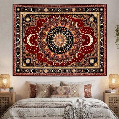 Lifeel Vintage Boho Sun Moon Tapestry, Bohemian Mandala Medallion Tapestries Wall Hanging for Living Room Decor, Dark Red 36x48 inches in Saudi Arabia