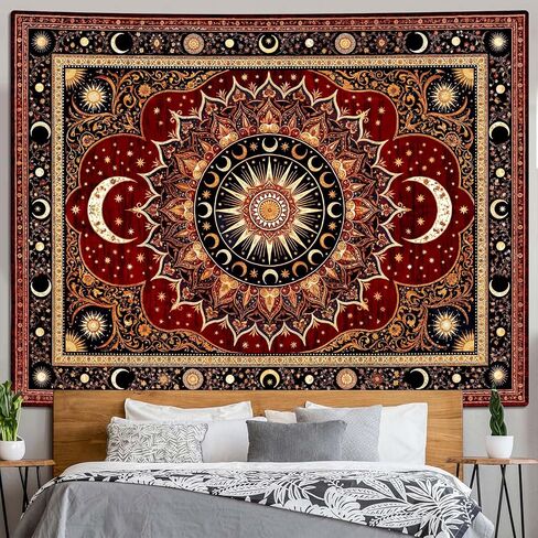 Lifeel Vintage Boho Sun Moon Tapestry, Bohemian Mandala Medallion Tapestries Wall Hanging for Living Room Decor, Dark Red 36x48 inches in Saudi Arabia
