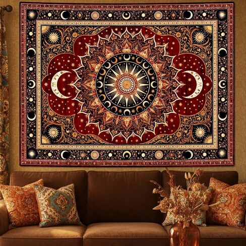 Lifeel Vintage Boho Sun Moon Tapestry, Bohemian Mandala Medallion Tapestries Wall Hanging for Living Room Decor, Dark Red 36x48 inches in Saudi Arabia