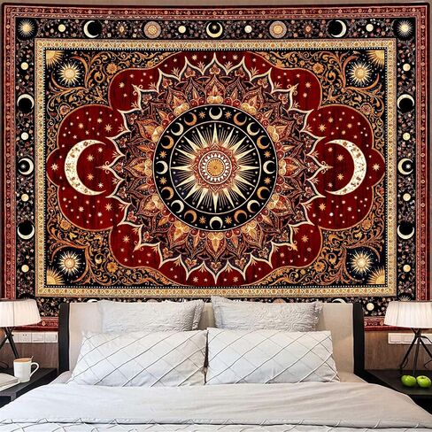 Lifeel Vintage Boho Sun Moon Tapestry, Bohemian Mandala Medallion Tapestries Wall Hanging for Living Room Decor, Dark Red 36x48 inches in Saudi Arabia