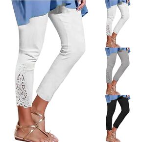 Capri Leggings for Women Plus Size Floral Lace Stitching Elastic High Waist Soft Stretch Cropped Capris Pants in Saudi Arabia