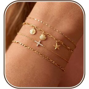 Gold Bracelets for Women Waterproof,Non Tarnish 14K Gold Plated Cross Bracelet Stack Set Dainty Beach Starfish Bracelets Stack for Women Trendy Cross Chain Cute Charm Pearl Bracelet Set Summer Jewelry in Saudi Arabia