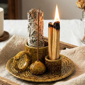 4 in 1 Incense Burner Holder for Sticks, Palo Santo Sticks Holder, Candle and Sage Holder for Burning Ceramic Ash Catcher Tray for Meditation Yoga Room Home Decor-White in Saudi Arabia