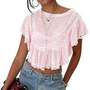 Women Sheer Poncho Top Boho Lace Mesh Cover Up Summer Ruffle Sleeve Babydoll Shirts in Saudi Arabia