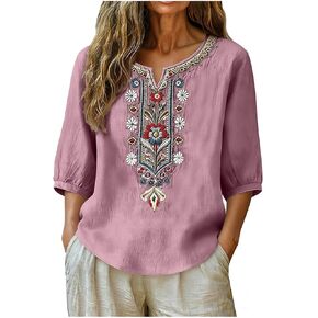 3/4 Length Sleeve Womens Tops Summer Casual V Neck Cotton Linen T Shirts Boho Embroidery Blouse Comfy Loose Tunic Top in Saudi Arabia