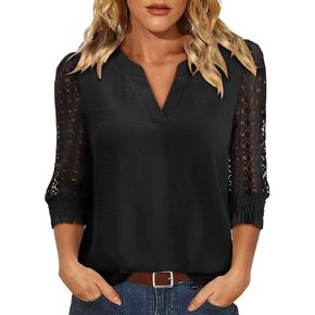 KISSMODA Lace Sleeve Blouse Patchwork Lightweight Notch V Neck 3/4 Sleeve Women Top 2026 Summer Casual Dressy S-XXL in Saudi Arabia