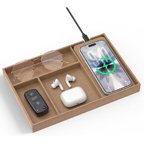 Valet Tray with Wireless Charger, Nightstand Organizer & Catchall Tray for Phone, Keys, Glasses and Accessories, Premium Linen, Stylish Desk & Bedside Storage Station in Saudi Arabia
