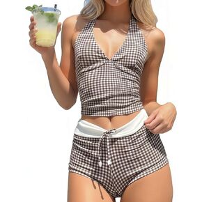 Vintage Plaid High Waisted Bikini Set Push Up Halter Two Piece Swimsuit Vacation Beach Pool Party Cruise Honeymoon in Saudi Arabia