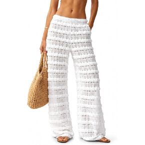 Wyeysyt Womens Crochet Pants Lace Swim Cover Up Pants Elastic Waist Mesh Bathing Suit Cover Up Beach Pants in Saudi Arabia