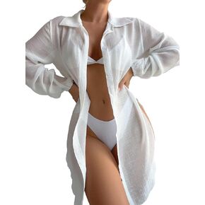 Sexy Split Side Down Collar Button Long Sleeve Blouses Skirt Beach Bathing Suit Swim Coverup in Saudi Arabia
