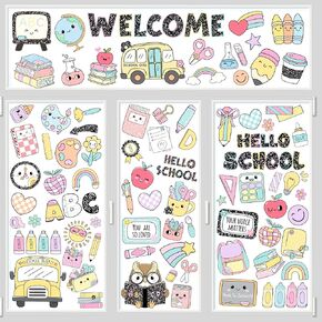 90 PCS Classroom Pastel Window Clings Stickers Compostion Style Classroom Decoration Back to School Pastel Window Decals Double Sided for First Day of School Party Supplies in Saudi Arabia
