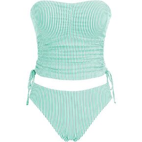 Women's Striped Bandeau Tankini Swimsuits Side Drawstring Two Piece Swimsuit Thong Bathing Suit in Saudi Arabia