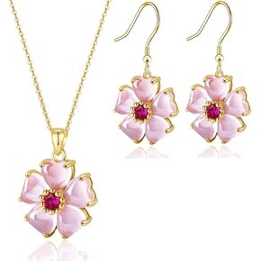VONSSY Elegant Cherry Blossom Necklace Earrings Pink Cats Eye Flower Flora Sakura Gemstone Crystal Pendant 18k Gold Plated Chain Jewelry Set Gift for Woman Wife Girlfriend in Saudi Arabia
