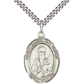 Saint Basil the Great Men's Medal Necklace – Patron Saint of Hospital Administrators – 24" Light Chain and Gift Box, Catholic Religious Necklace - Made in USA in Saudi Arabia
