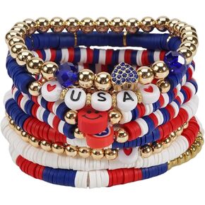 4th of July Bracelets for Women, Patriotic Bracelets Set, Red White and Blue Beaded Bracelets, USA Bracelet Stack, Independence Day Jewelry, Stretch Stackable Bracelets for Memorial Day Summer Party Accessories in Saudi Arabia