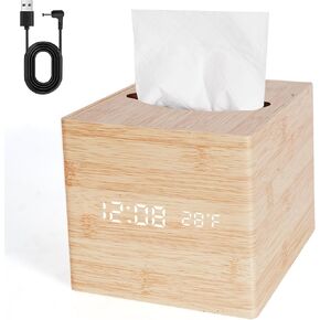 Wooden Tissue Box Cover Digital Cordless Alarm Clocks for Bedrooms, 8-Level Dimming, 5 Alarm Settings, Sound Activation, 5 Mins Snooze, 12/24H, Temperature and Date Display for Office in Saudi Arabia