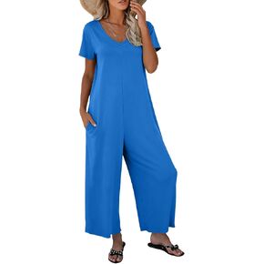 Nfsion Womens Summer Casual Jumpsuit Short Sleeve V Neck Long Pants Rompers Overalls with Pockets in Saudi Arabia