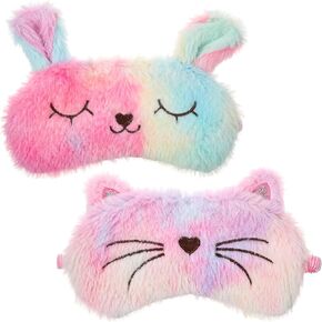 Sleeping Mask for Kids, 2 Pcs Cute Cat Rabbit Sleep Eye Mask Soft Plush Night Eye Masks for Sleeping Comfortable Funny Animal Blindfold for Women Girls Home Travel Nap (Cat, Rabbit) in Saudi Arabia