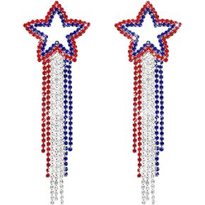250th Anniversary Women's Pendant Earrings, July 4th Independence Day Patriotic Earrings for Women, American Flag Heart-Shaped and Star-Shaped Earrings, Featuring Red, White, and Blue Sparkling Rhinestones in Saudi Arabia