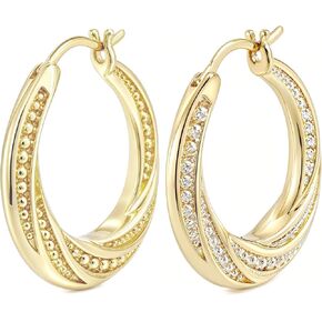 14K Gold Hoop Earrings for Women Twisted Design Cubic Zirconia Huggie Hoops Hypoallergenic Lightweight Earrings with Secure Click Top 22mm/25mm Sizes in Saudi Arabia