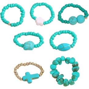 7Pcs Bohemian Turquoise Rings for Women Exaggerate Western Knuckle Ring Sets Stackable Beads Elasticity Finger Rings Set Simple Beaded Finger Jewelry Gifts in Saudi Arabia