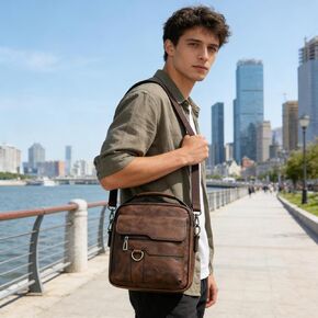 Men's Crossbody Shoulder Bag for Work Business Travel Large Capacity Faux Leather Messenger Handbags with Multiple Pockets (Brown) in Kuwait