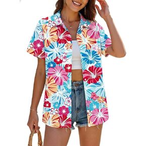 قميص YOGINGO Hawaiian للنساء، قميص استوائي قصير الأكمام لقضاء العطلات على الشاطئ، بلوزة Aloha كاجوال بأزرار سفلية in Kuwait