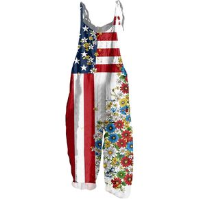 NAMTYQX Women Linen Overalls 4th of July Spaghetti Strap Flag Star 250th year Print Jumpsuit Loose Fit Romper Wide Leg Pants in Saudi Arabia
