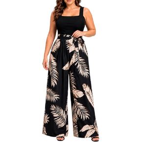 WILDPARTY Plus Size Jumpsuit for Women Sleeveless One Piece Outfit Floral Wide Leg Tie Waist Casual Summer Vacation Outfit in Saudi Arabia
