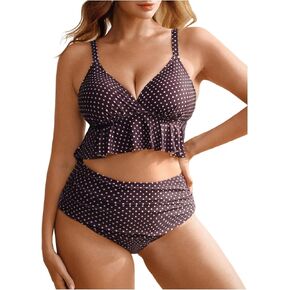 Verdusa Women's Plus Size 2 Piece Polka Dots Tankini Swimsuits Ruffle V Neck Bathing Suits Vacation Outfits in Kuwait