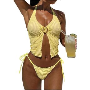 Verdusa Women's 2 Piece Halter Tankini Set Textured Slit Tie Backless High Cut Swimsuit Vacation Outfits in Kuwait