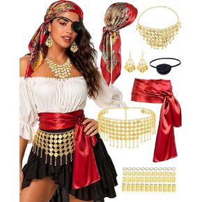 Pirate Costume Accessories for Women Wide Gold Coin Waist Chain, Dangling Coin Necklace & Earrings, Satin Head Scarf, Red Sash, Eye Patch & Hair Beads Halloween Cosplay Party Outfit in Saudi Arabia