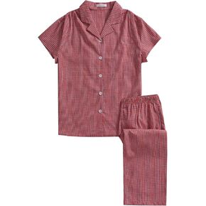 Women's Cotton Capri Pajama Set Plaid Button Down Shirt Capris Pjs Sets in Saudi Arabia