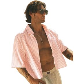 GORGLITTER Men's Striped Cropped T Shirt Button Down Up Y2k Short Sleeve Collar Oversized Tops in Saudi Arabia