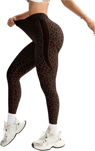 WDIRARA Women's Leopard Yoga Leggings Scrunch V Back Waist Gym Workout Leggings in Kuwait