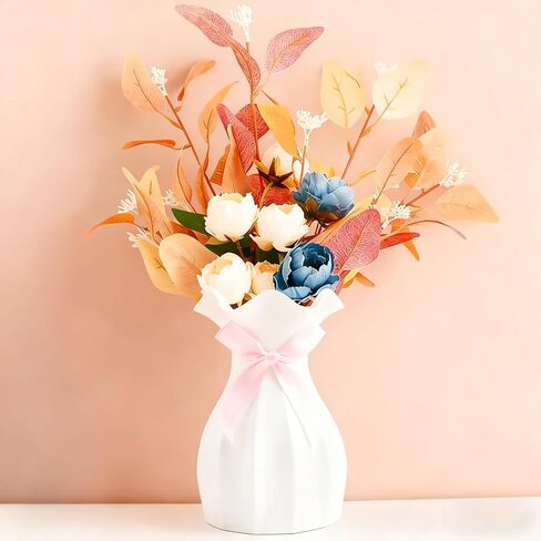 Small Plastic Flower Vase, Ceramic-Look Decorative Vase for Dried & Artificial Flowers, Cute Unbreakable Vase for Home Living Room Dining Wedding Decor(White) in Kuwait