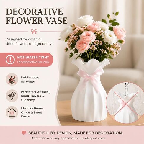Small Plastic Flower Vase, Ceramic-Look Decorative Vase for Dried & Artificial Flowers, Cute Unbreakable Vase for Home Living Room Dining Wedding Decor(White) in Kuwait